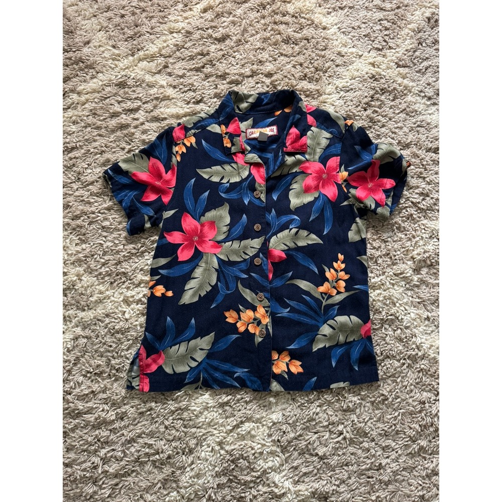 Caribbean Joe‎ Womens Small Navy Blue Floral Tropical Rayon Button Down Shirt
